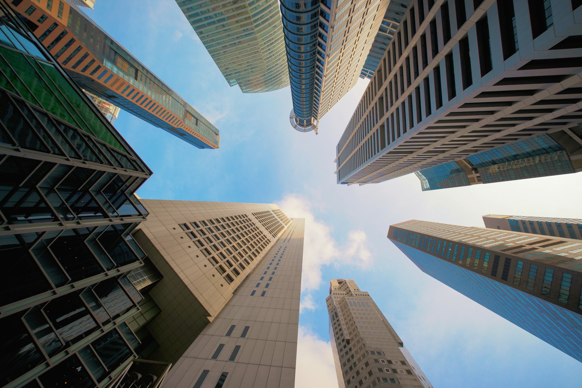 Looking up high-rise buildings